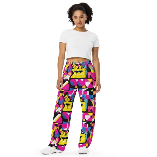 Neon Mask Parade on a Wide-Leg Pants