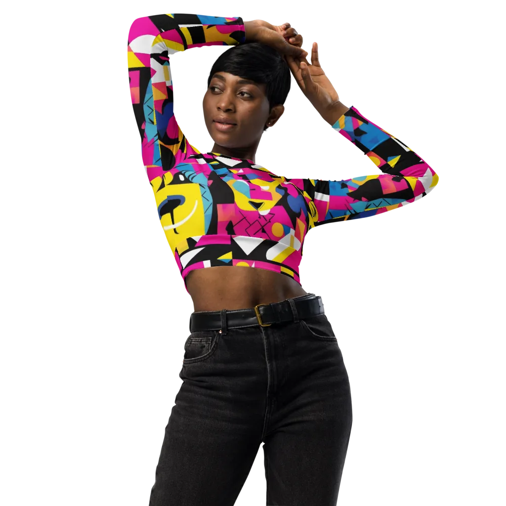 Neon Mask Parade on Long Sleeve Crop Top — Front