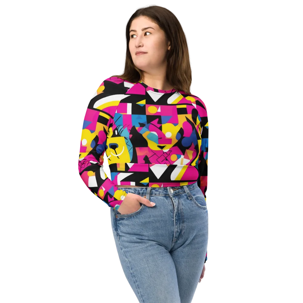 Neon Mask Parade on Long Sleeve Crop Top — Front