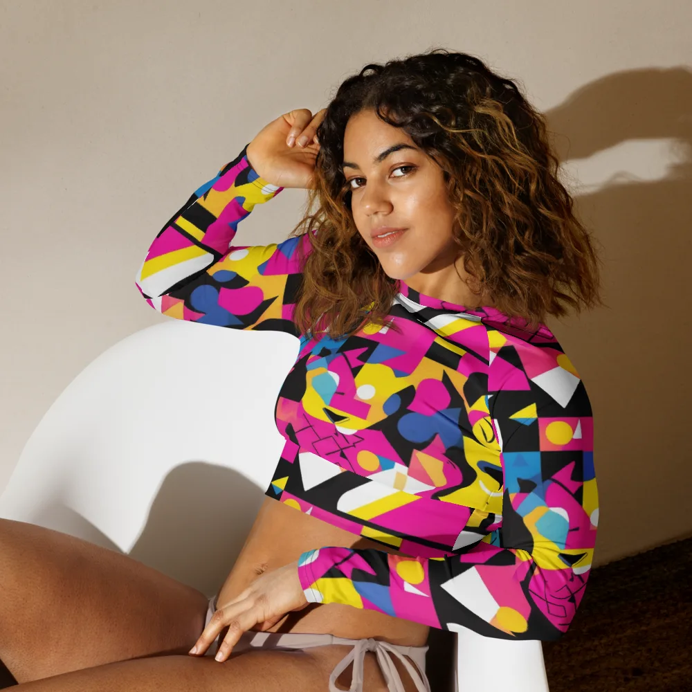 Neon Mask Parade on Long Sleeve Crop Top — Left Front