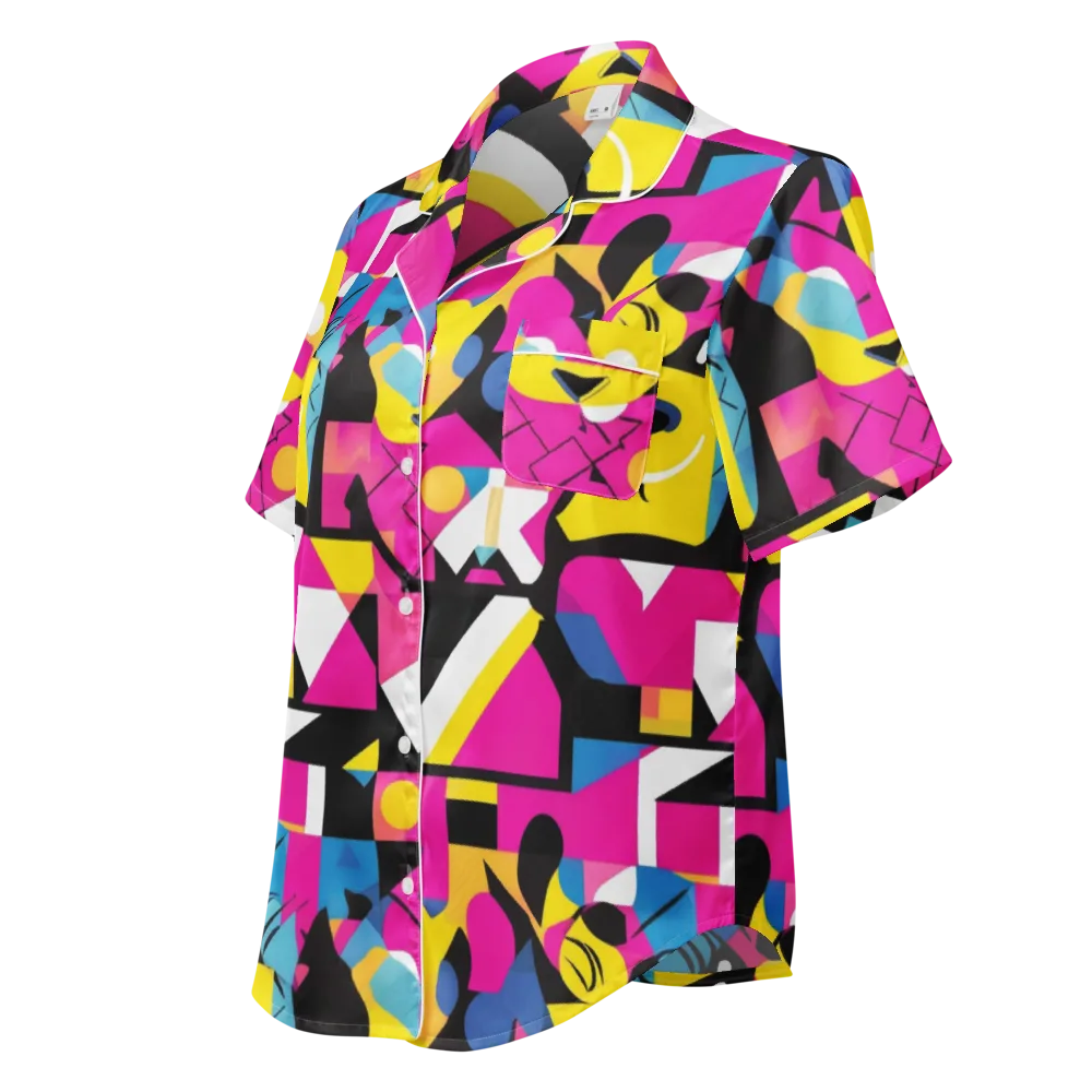 Neon Mask Parade on Women's Short Sleeve Pajama Top — Left Front