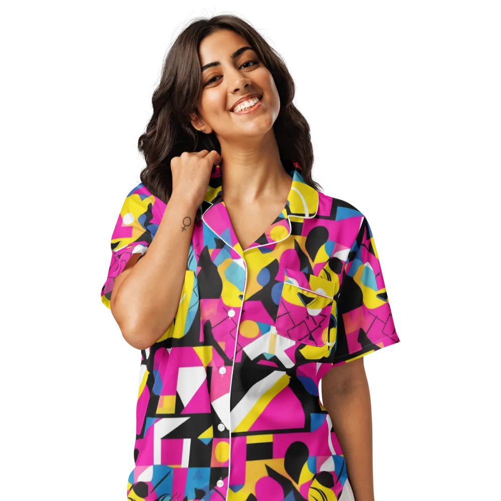 Neon Mask Parade on Women's Short Sleeve Pajama Top — Front