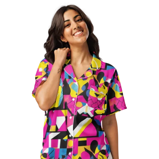 Neon Mask Parade on a Women's Short Sleeve Pajama Top