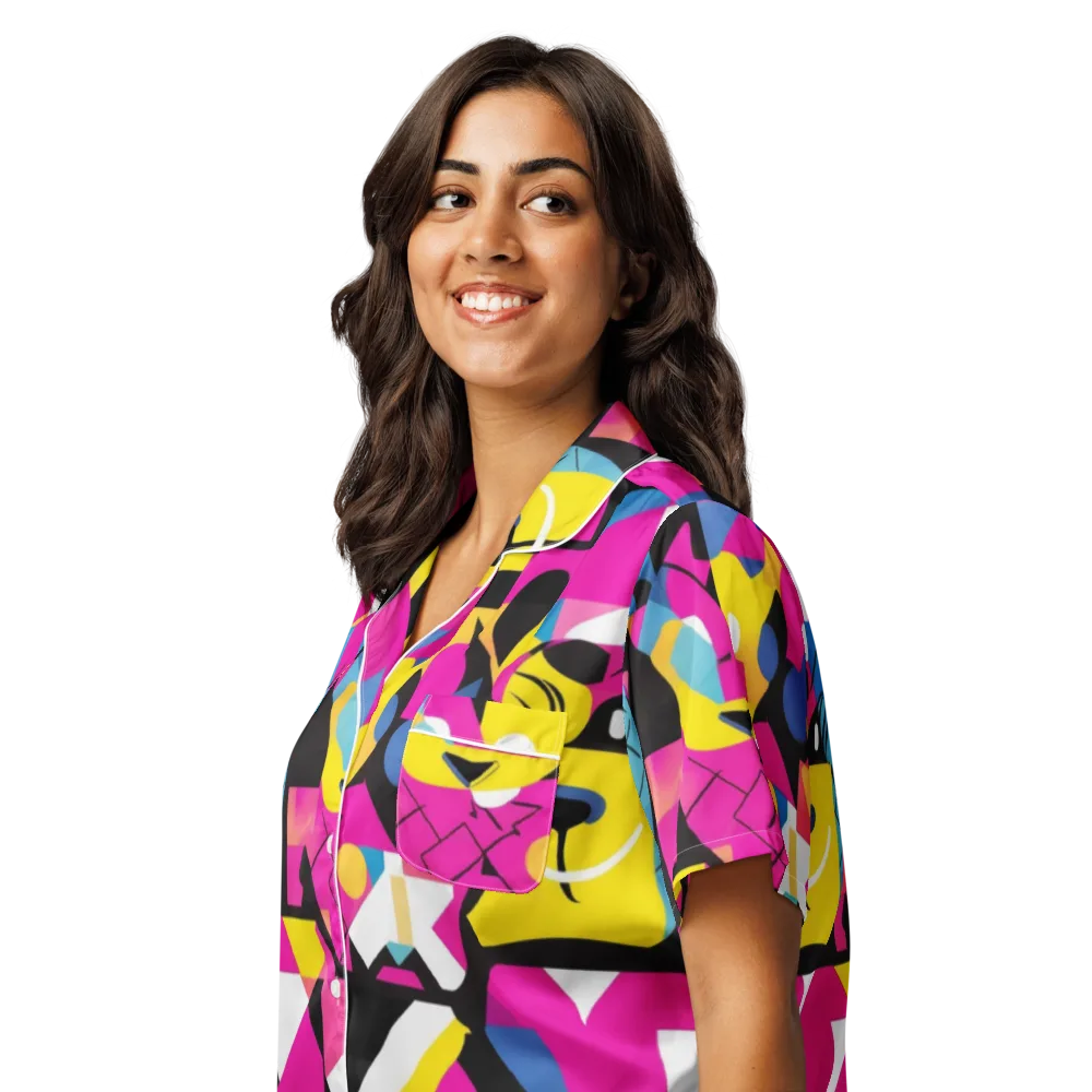 Neon Mask Parade on Women's Short Sleeve Pajama Top — Left Front