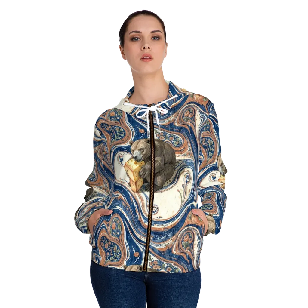 Marbled Bear on Women's Full-Zip Hoodie — Front On Person