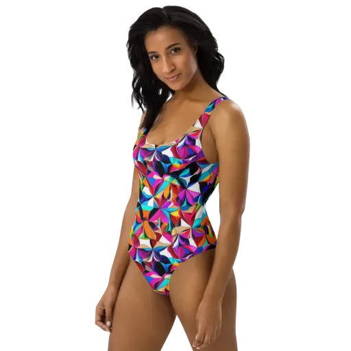 Prismatic Petal Riot on a One-Piece Swimsuit