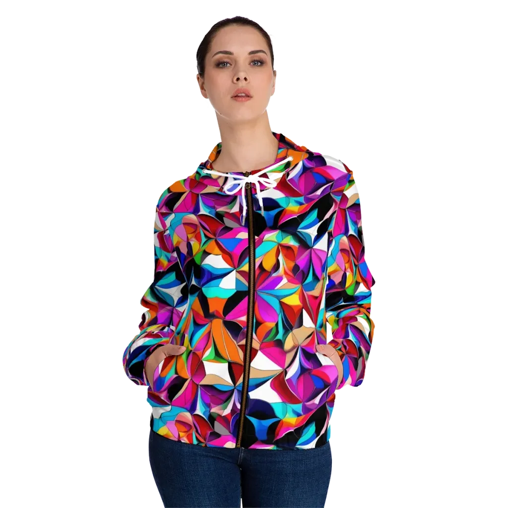 Prismatic Petal Riot on Women's Full-Zip Hoodie — Front On Person