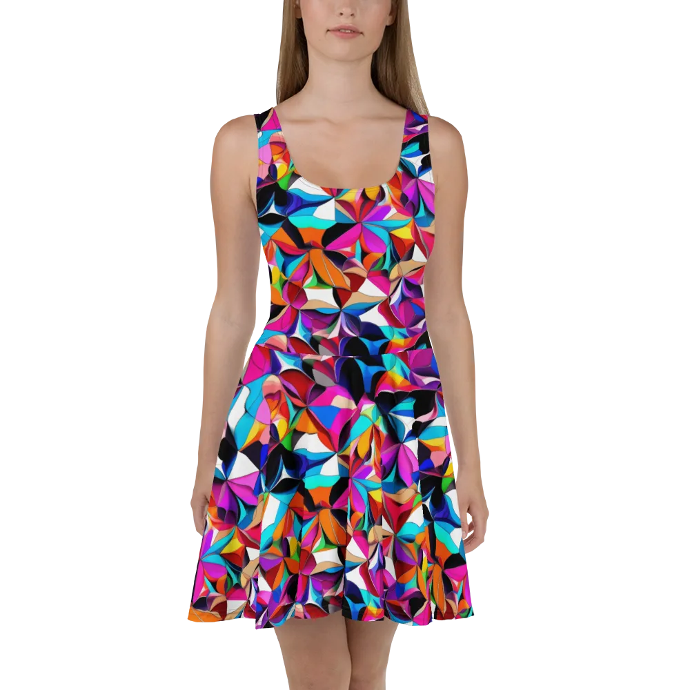 Prismatic Petal Riot on Skater Dress — Front