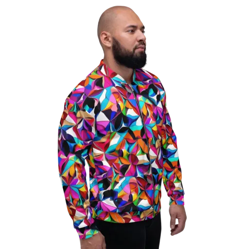 Prismatic Petal Riot on a Bomber Jacket