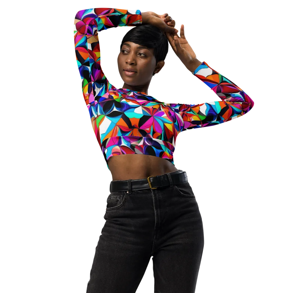 Prismatic Petal Riot on Long Sleeve Crop Top — Front