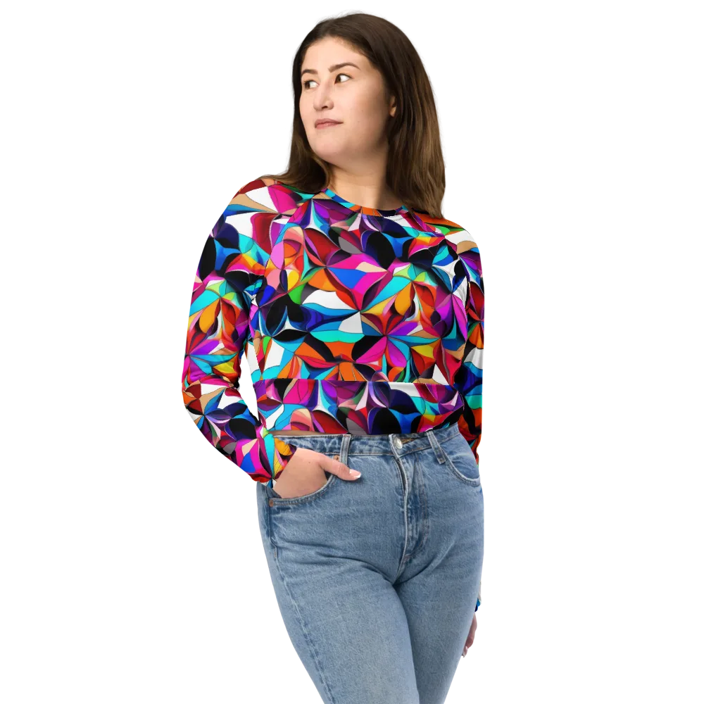 Prismatic Petal Riot on Long Sleeve Crop Top — Front