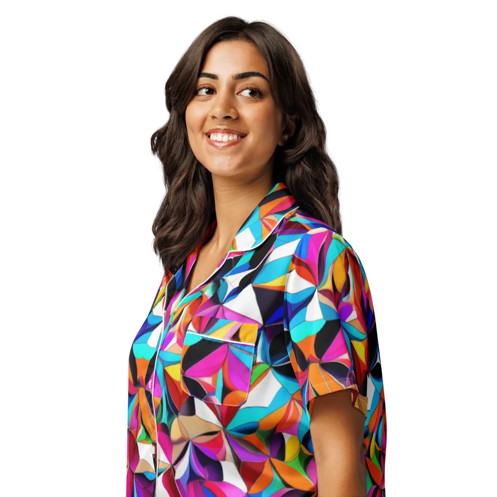 Prismatic Petal Riot on Women's Short Sleeve Pajama Top — Left Front