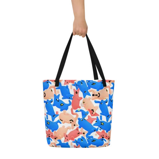 Blue Zoo Parade on a Large Tote Bag W/ Pocket