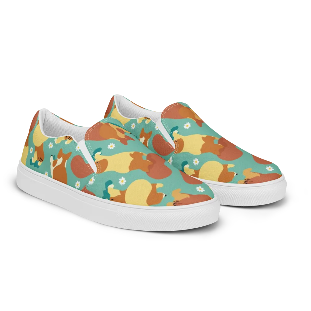 Daisy Dachshund on Women's Slip-On Canvas Shoes — Right Front
