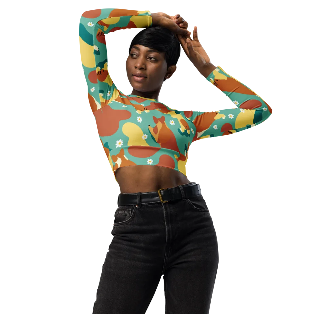 Daisy Dachshund on Long Sleeve Crop Top — Front
