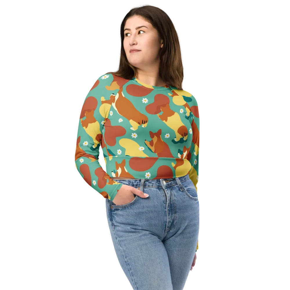 Daisy Dachshund on Long Sleeve Crop Top — Front
