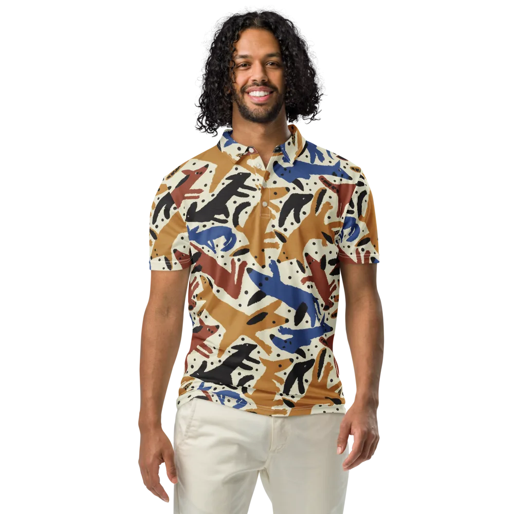 Folk Critter Parade on Men's Slim Fit Polo Shirt — Front
