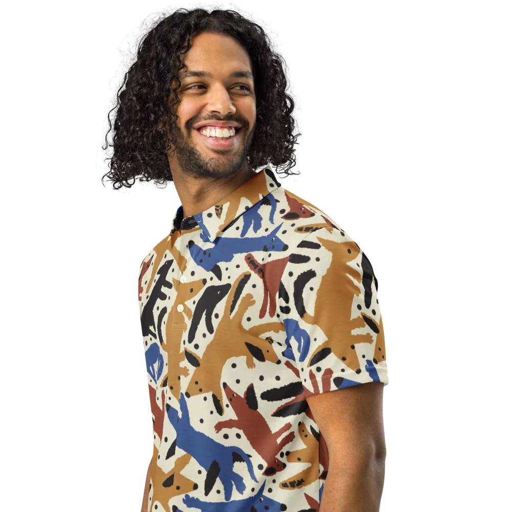 Folk Critter Parade on Men's Slim Fit Polo Shirt — Left Front