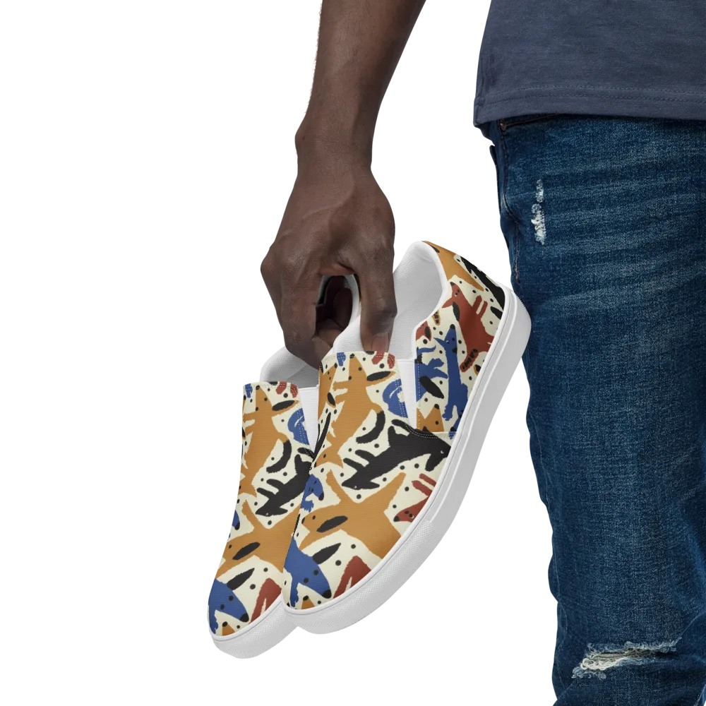 Folk Critter Parade on Men's Slip-On Canvas Shoes — Left Front