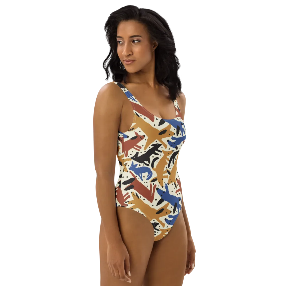 Folk Critter Parade on One-Piece Swimsuit — Right