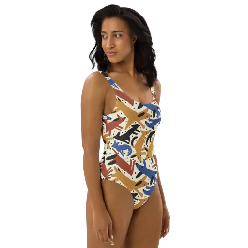 Folk Critter Parade on a One-Piece Swimsuit