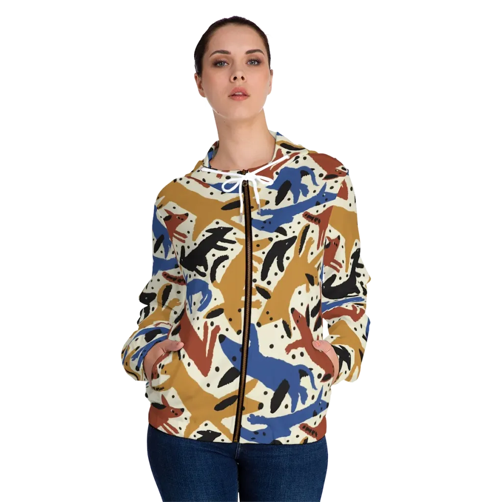 Folk Critter Parade on Women's Full-Zip Hoodie — Front On Person