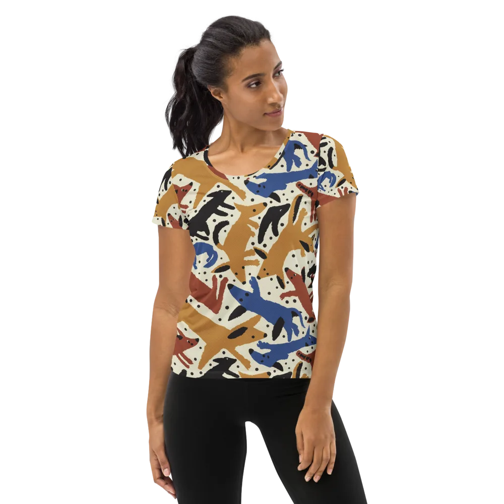 Folk Critter Parade on Women's Athletic T-Shirt — Front