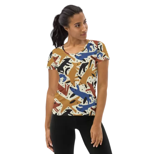 Folk Critter Parade on a Women's Athletic T-Shirt