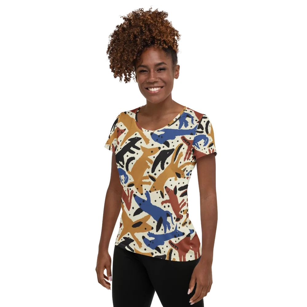 Folk Critter Parade on Women's Athletic T-Shirt — Left