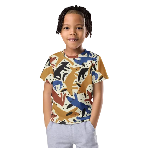 Folk Critter Parade on a Kids Crew Neck T-Shirt