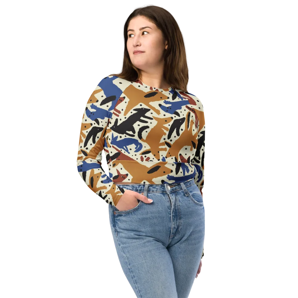 Folk Critter Parade on Long Sleeve Crop Top — Front