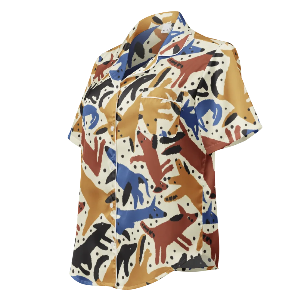 Folk Critter Parade on Women's Short Sleeve Pajama Top — Left Front