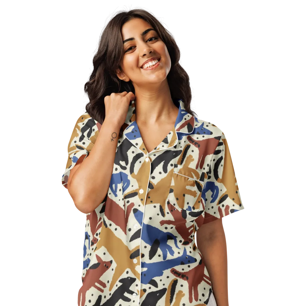 Folk Critter Parade on Women's Short Sleeve Pajama Top — Front