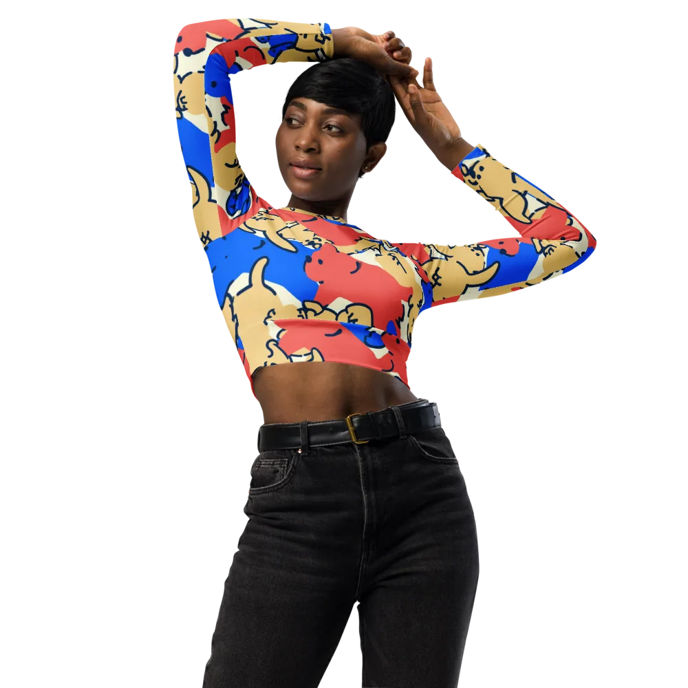 Pop Parade Pups on Long Sleeve Crop Top — Front