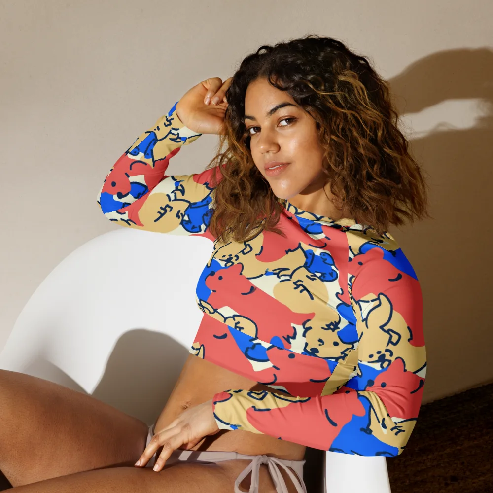Pop Parade Pups on Long Sleeve Crop Top — Left Front