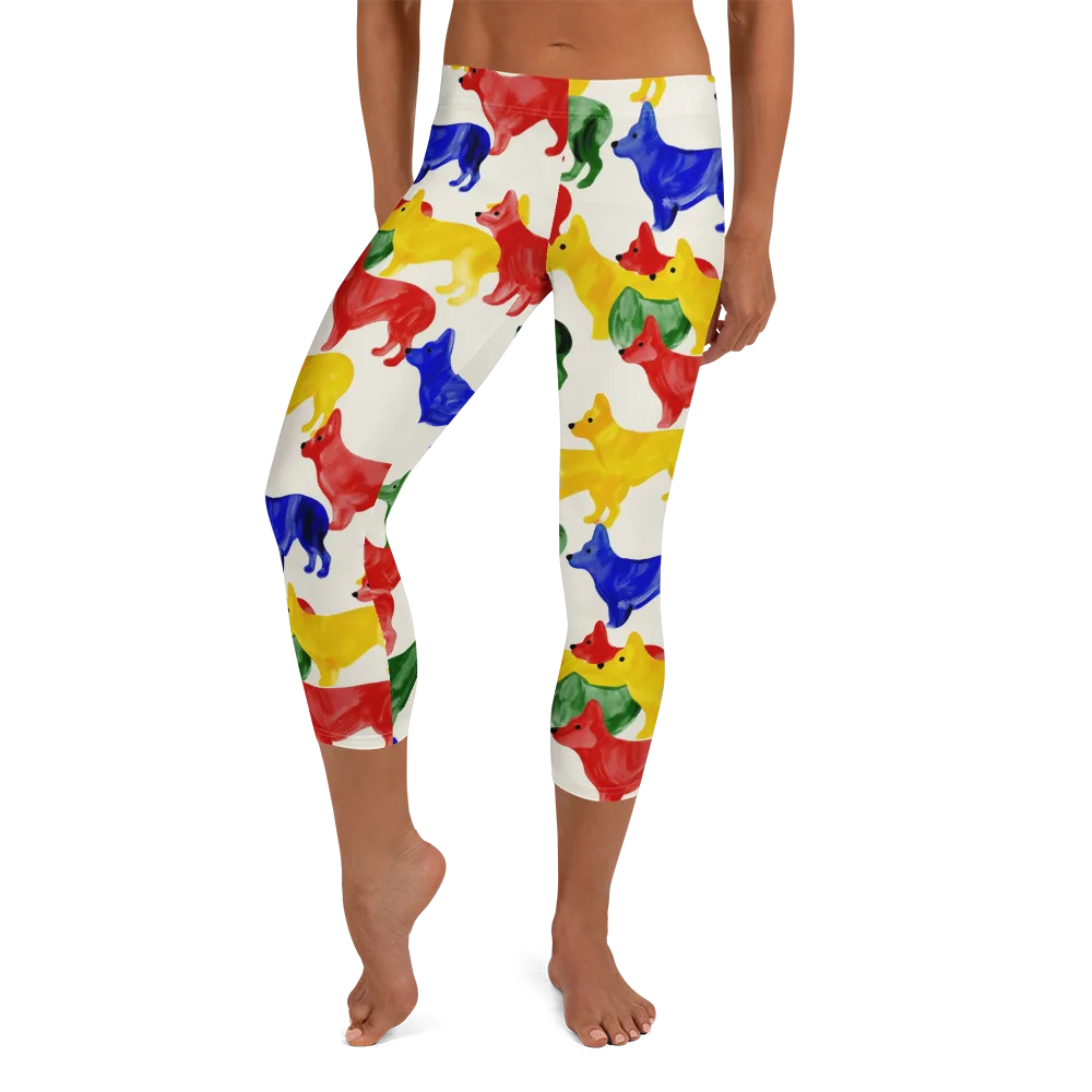 Colorful Canine Parade on Capri Leggings — Front