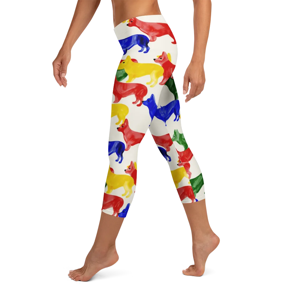 Colorful Canine Parade on Capri Leggings — Left