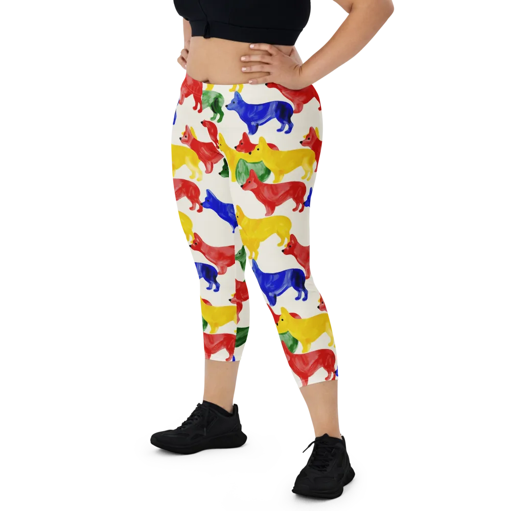 Colorful Canine Parade on Capri Leggings — Front