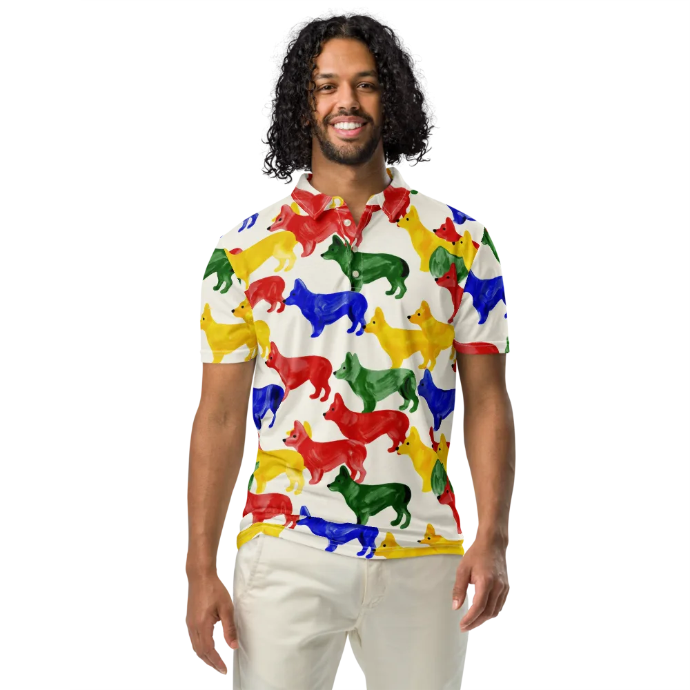Colorful Canine Parade on Men's Slim Fit Polo Shirt — Front