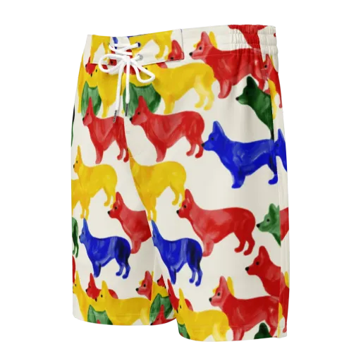 Colorful Canine Parade on a Men's Board Shorts