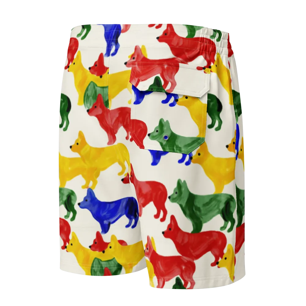 Colorful Canine Parade on Men's Board Shorts — Back