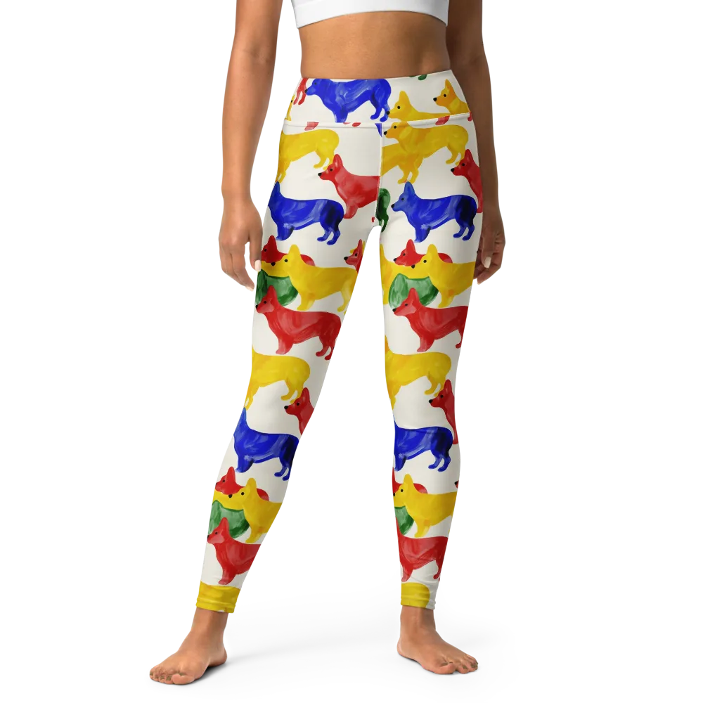 Colorful Canine Parade on Yoga Leggings — Front