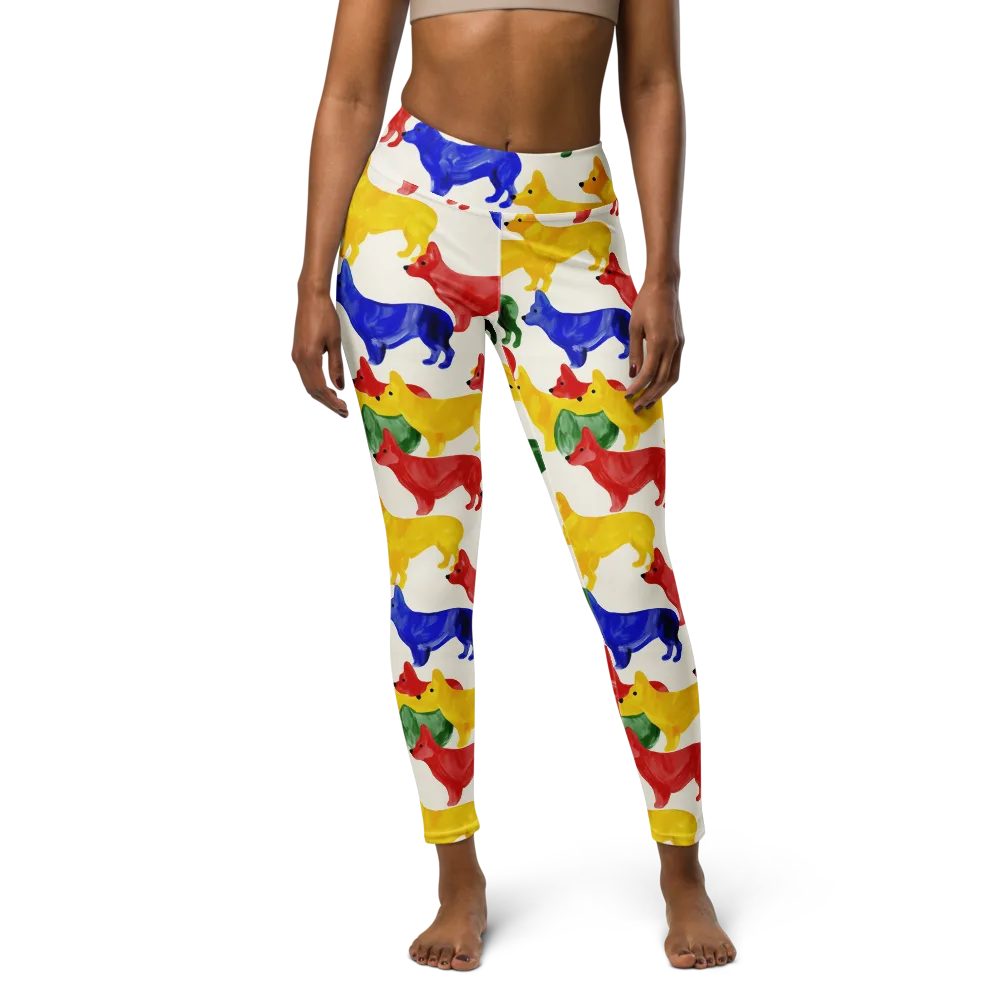 Colorful Canine Parade on Yoga Leggings — Front