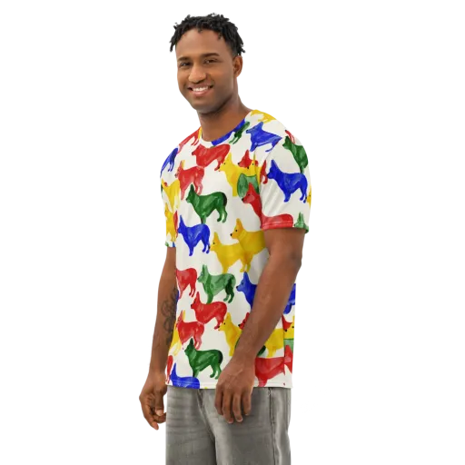 Colorful Canine Parade on a Men's Cotton Crew Neck T-Shirt