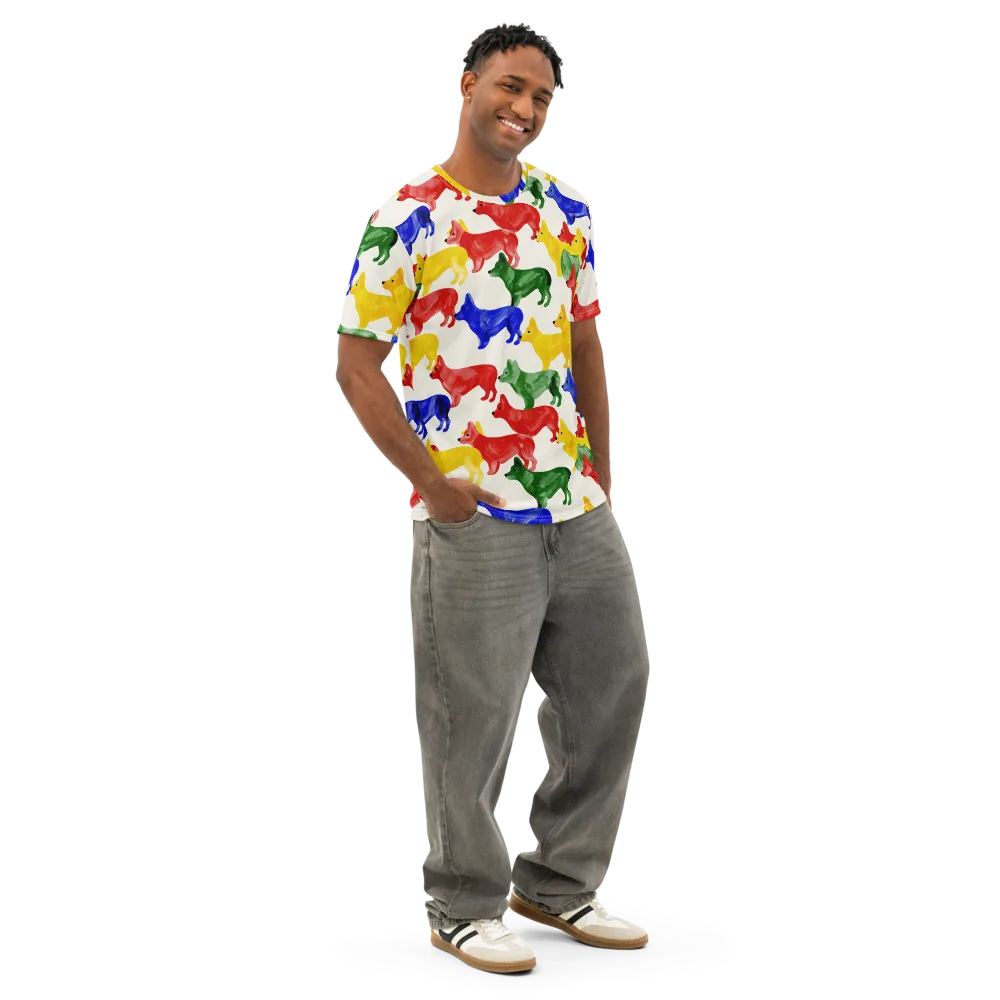 Colorful Canine Parade on Men's Cotton Crew Neck T-Shirt — Right Front