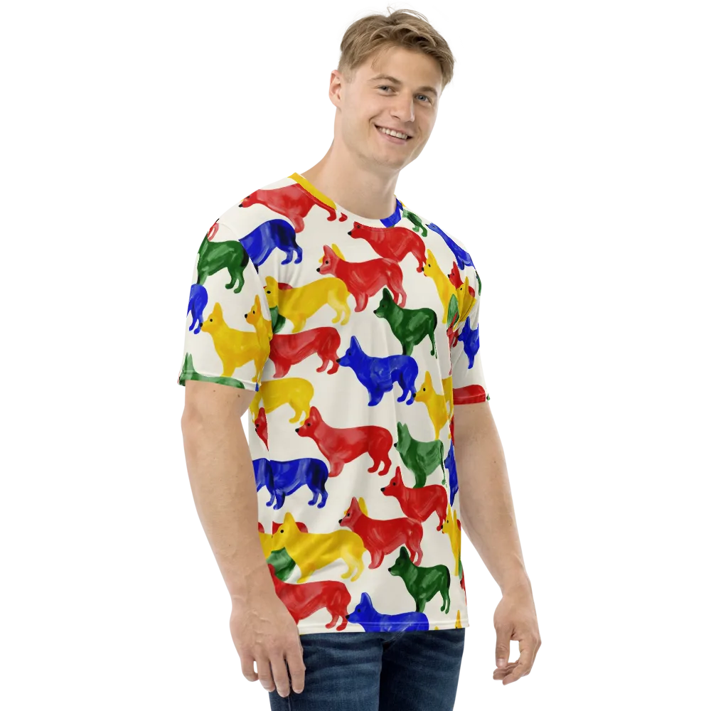 Colorful Canine Parade on Men's Crew Neck T-Shirt — Right