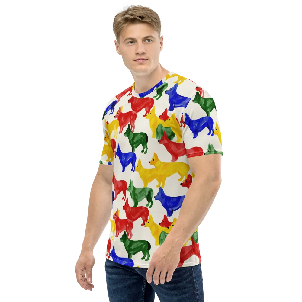 Colorful Canine Parade on Men's Crew Neck T-Shirt — Left