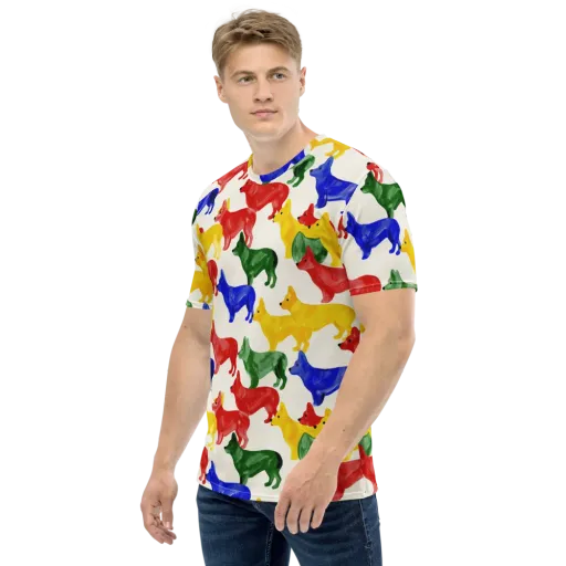 Colorful Canine Parade on a Men's Crew Neck T-Shirt
