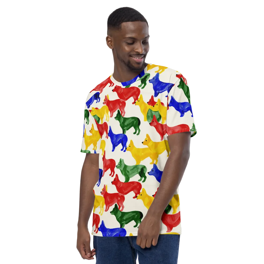 Colorful Canine Parade on Men's Crew Neck T-Shirt — Left
