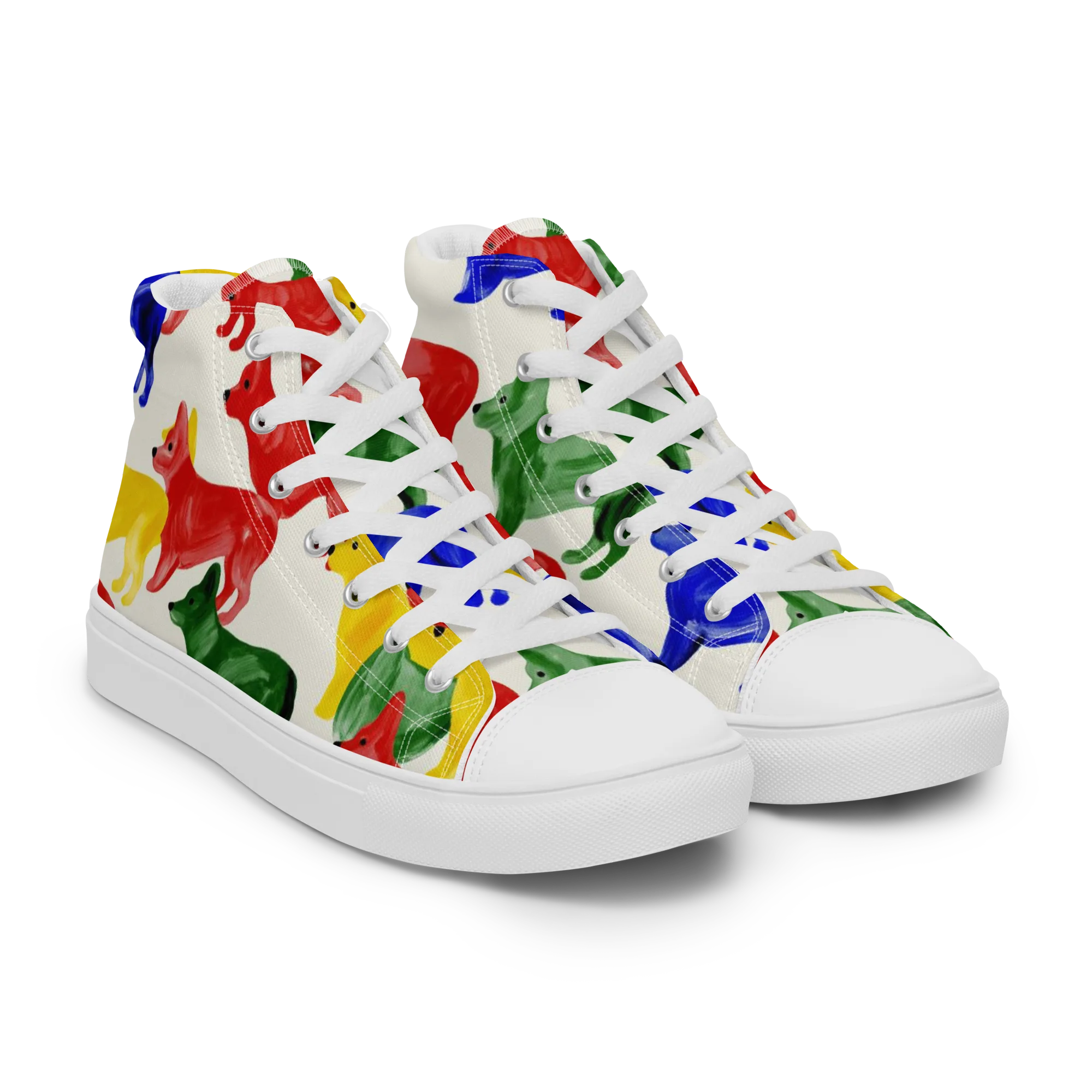 Colorful Canine Parade on Men's High Top Canvas Shoes — Right Front